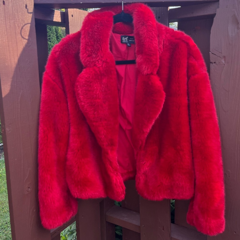 Red Zara TRF collection Faux Fur Jacket